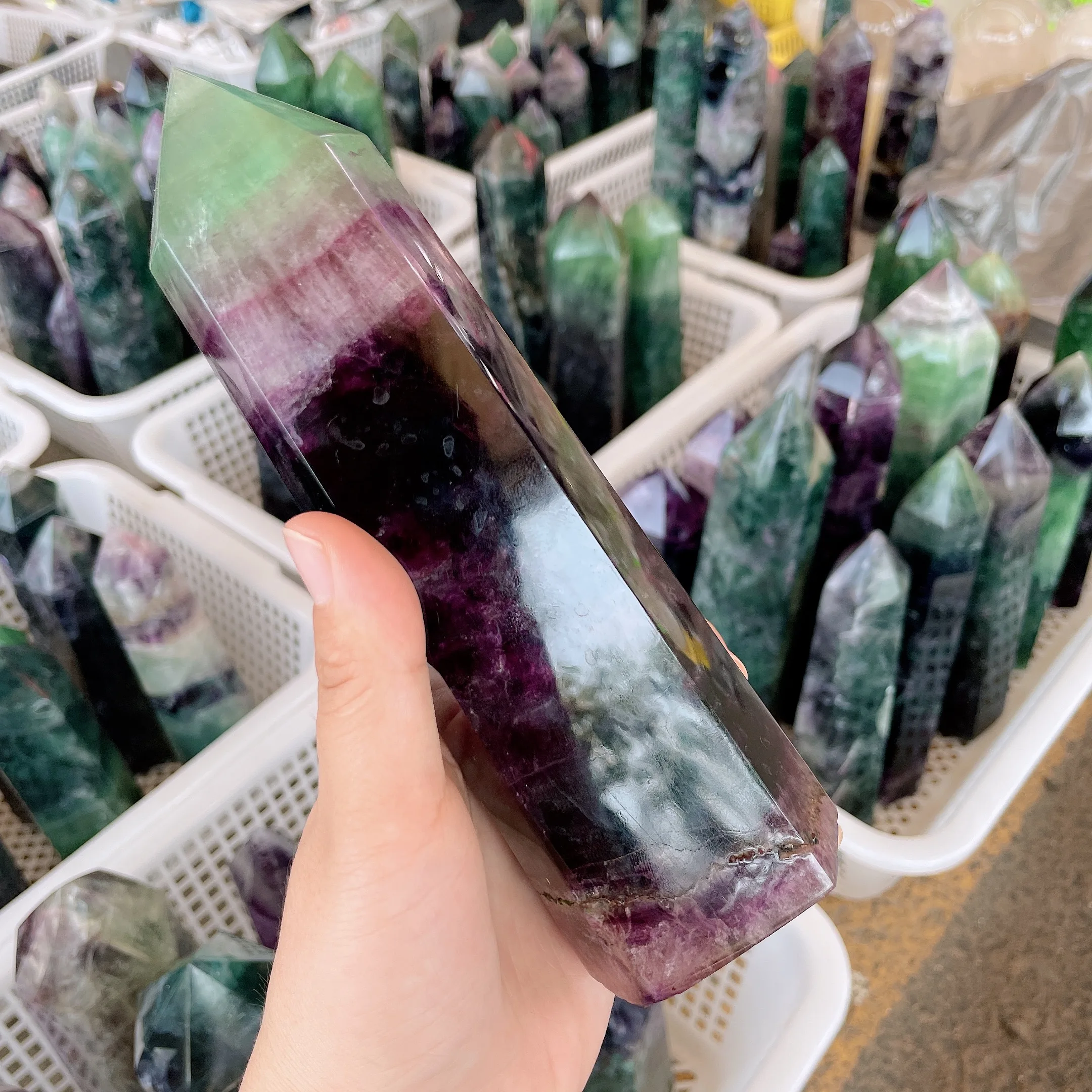 Wholesale rainbow fluorite quartz tower large natural colorful crystal fluorite point towers healing stones for home decoration