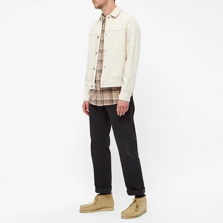 OEM Custom beige long sleeve buttoned collar casual plaid shirt for men