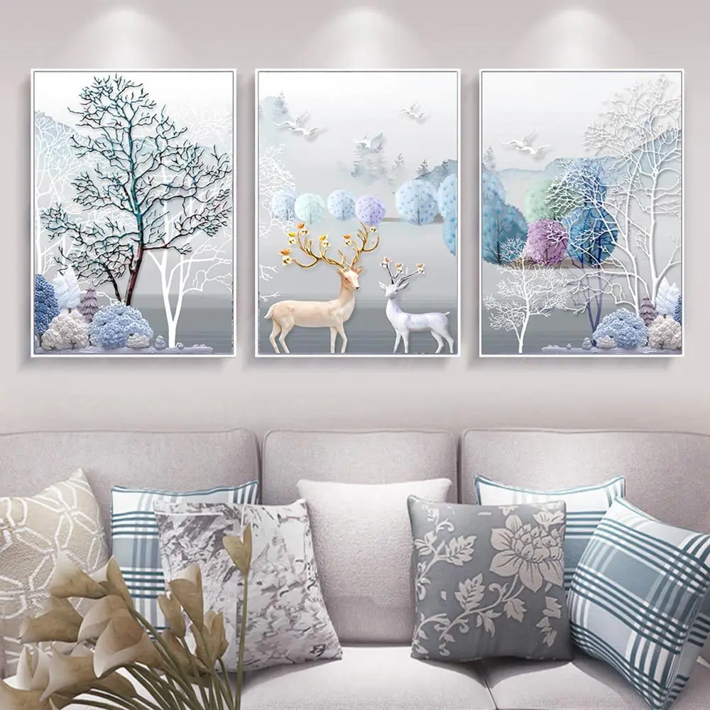 Modern Relief 3D Abstract Fortune Tree Deer Decorative Wall Art Canvas Printed Painting For Living Room