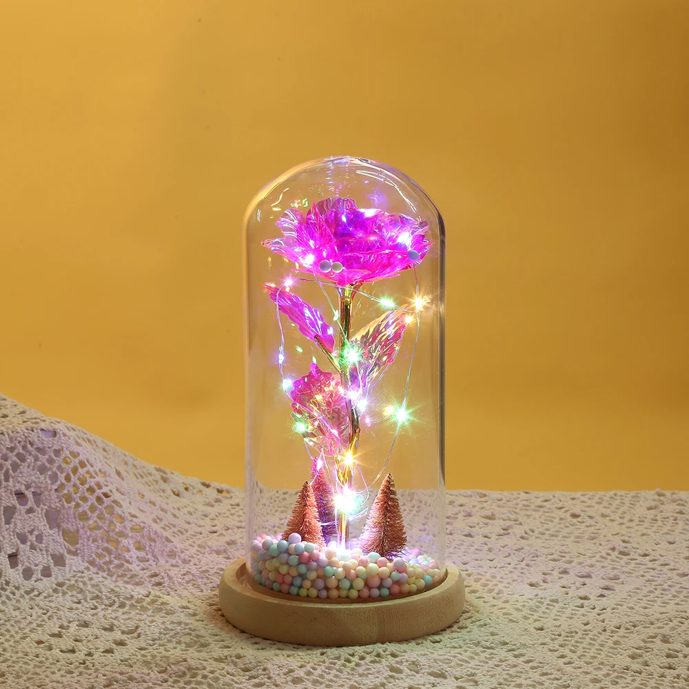 Factory Supply Attractive Price Artificial Flowers Led Lights Galaxy Rose in Glass Dome