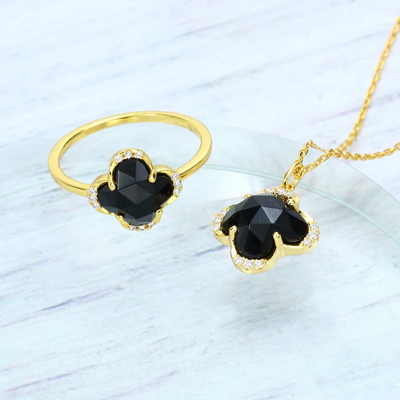 Lucky Four Leaf Clover White Zirconium Sterling Silver Gilt Gemstone Black Onyx Ring For Girls