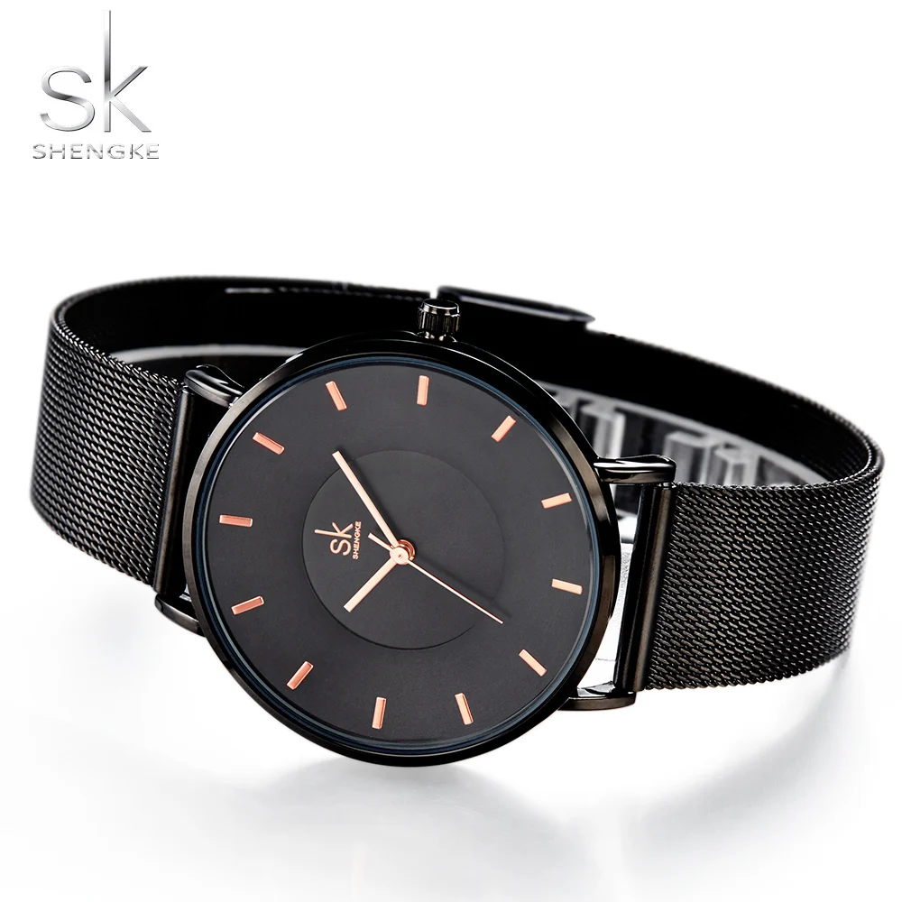 Часы наручные SHENGKE K0059L женские кварцевые крутые черные с крышкой из