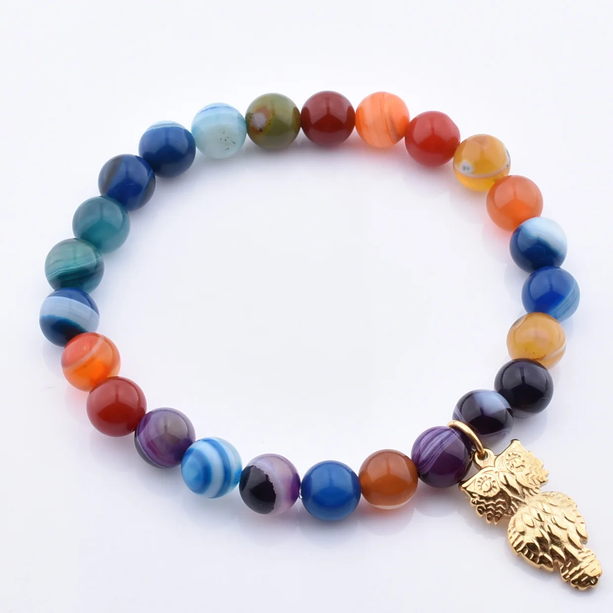 Popular Sale Man Stone Bead Colourful Onxy Bead Elastic Bracelet With Gold Owl Charm For Women