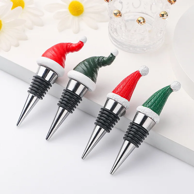 Decorative Christmas Wine Corks Green Red Resin Little Christmas Hats Wine Bottle Stopper