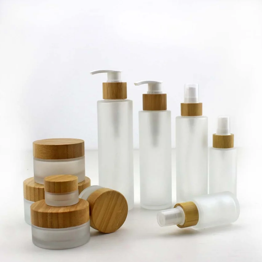 30ml 50ml 100ml 120ml 150ml bamboo glass bottle with bamboo/wooden lid for skin care glass bottles cosmetic packaging