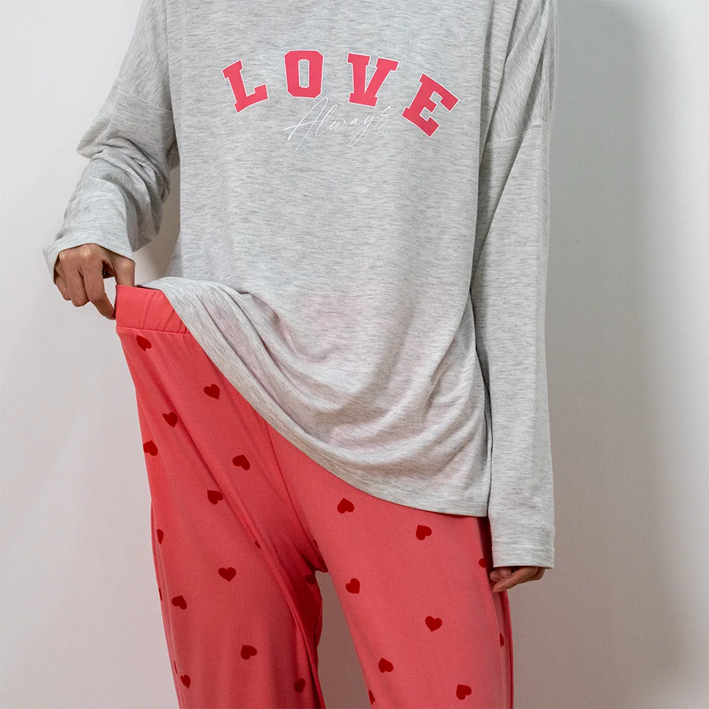 Drop Shipping Print Adult Pink Home Wear Long Sleeve Valentines Pajamas For Women Set