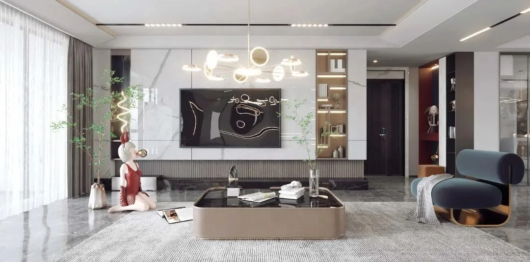 Modern luxury living room wall integrated TV background wall, sliding door TV cabinet