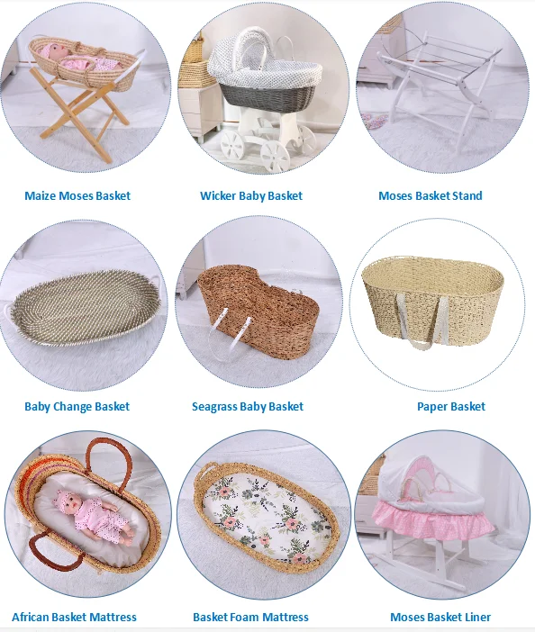 Custom handmade straw grey wicker moses baby basket natural baby sleeping basket bassinet