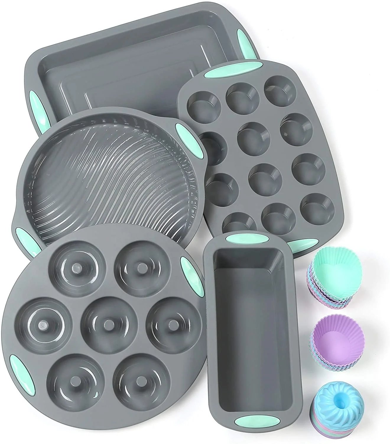 Factory Ready Wholesale 5pcs Set Dark Grey Silicone Bakeware Set Non-Stick Silicone Cake Baking Mold 12 Cup Muffin Pan Mold
