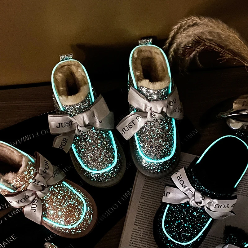 Pink Red Little Girls Snow Boots PU Glitter Upper Snow Boots Velvet Lining led Light up Kids Ankle Snow Boots