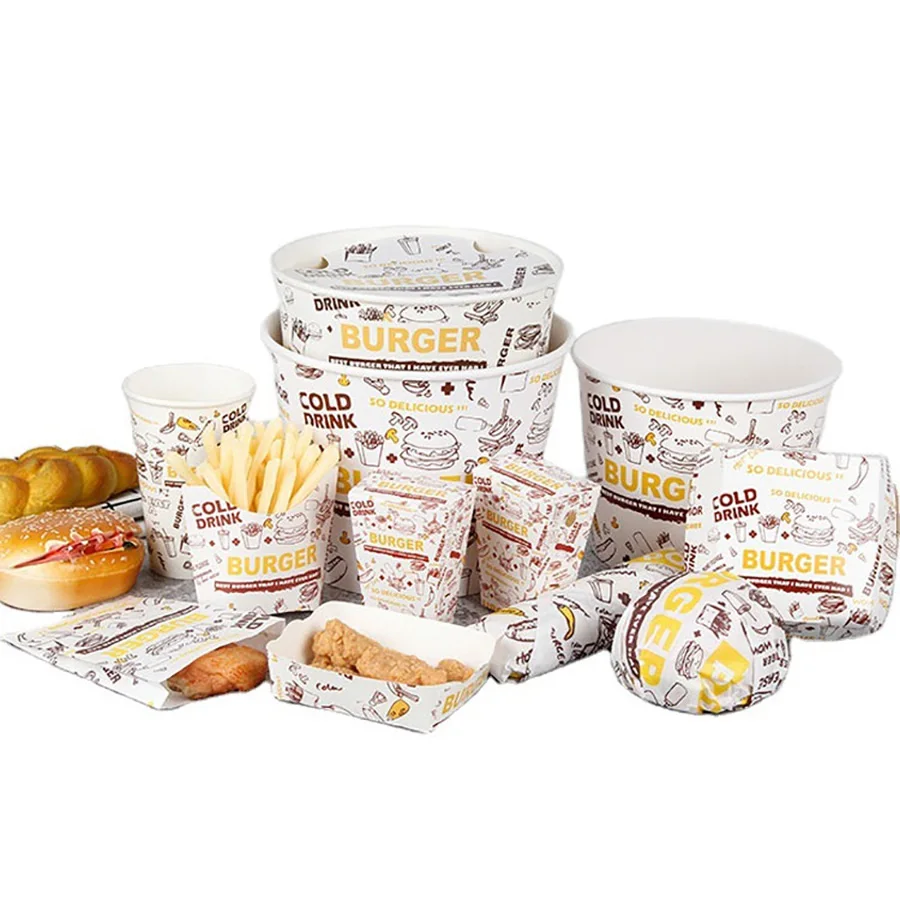 Custom Printed Kids Snacks Set Hamburger Burger Fast Food Paper Container for French Fries Fried Chicken Wings Packaging Boxes