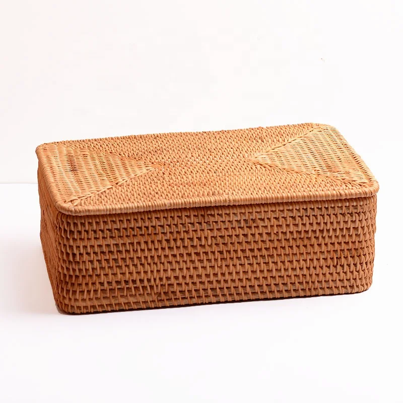 Handmade Woven Storage Baskets Home Laundry Storage Rectangular Storage Box Sundries Organizer Boxes with Lid