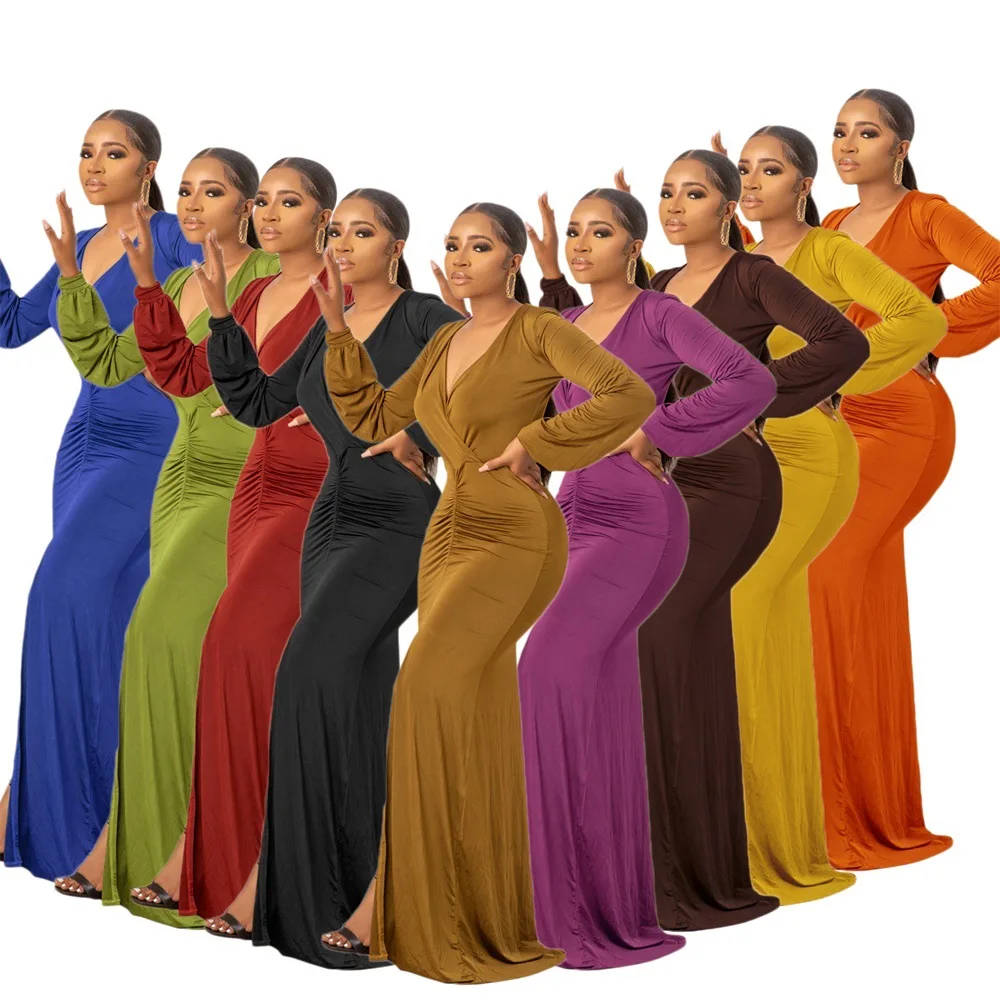 wholesale Solid color Deep V neck plus size evening Long sleeve dress women elegant casual maxi Party dresses for fat women