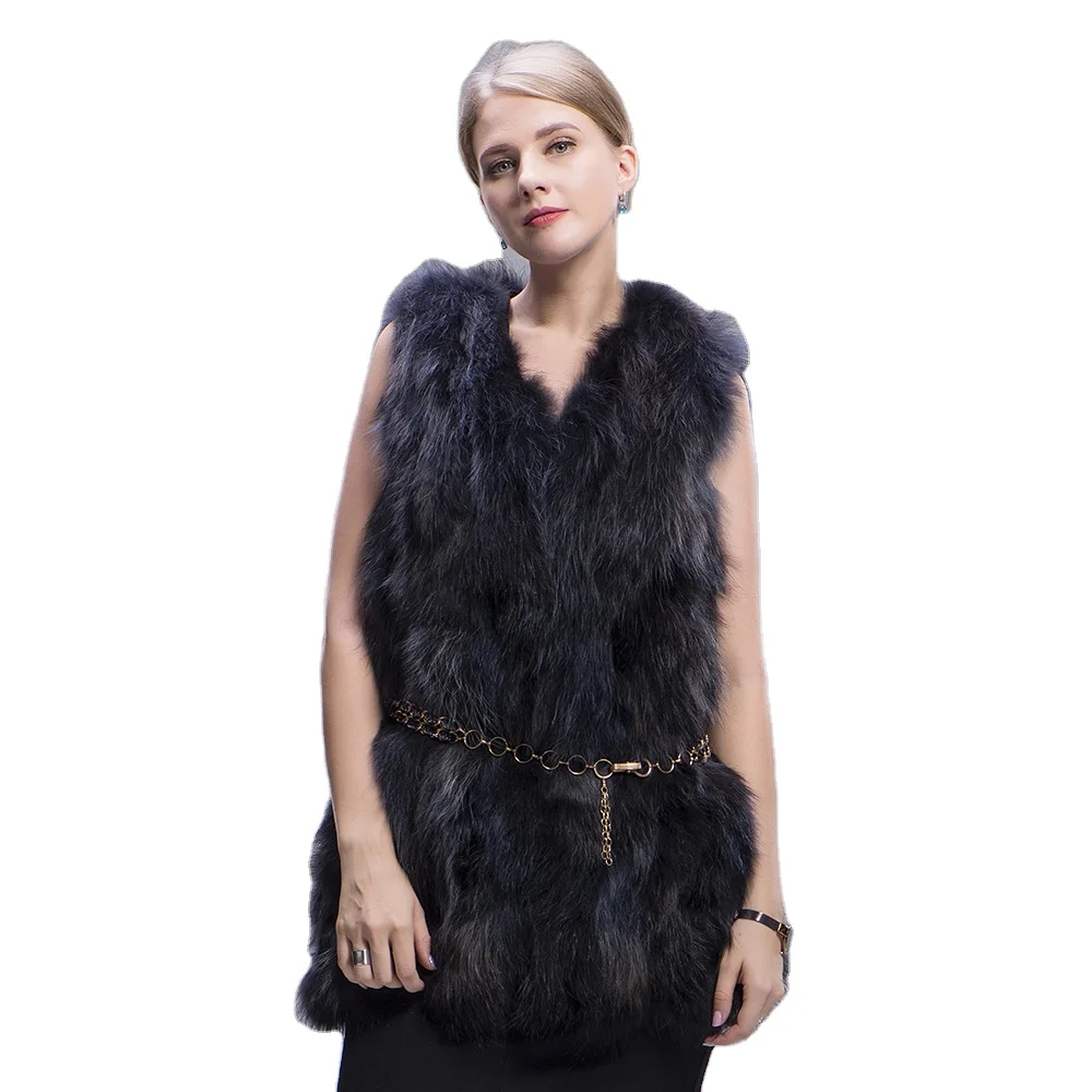 MWFur Women Street Fashion Thick Winter Fur Long Coat Winter Raccoon Fur Vest Sleeveless with Belt and Pocket