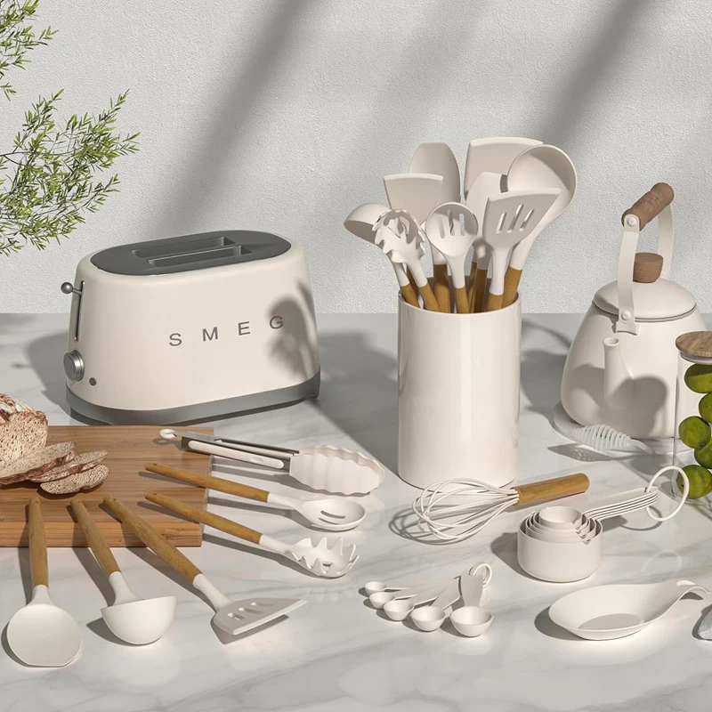Kitchen Essentials 33Pcs Kitchen Utensils Set Wooden Handle Spatula Spoon Non-Stick Heat-resistant Silicone Cooking Utensils Set