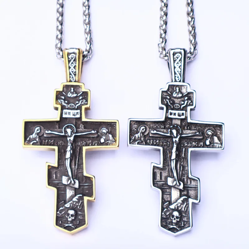 OEM PRODUCTION Orthodox Christian Stainless Steel Religious Necklace Gold Plated Crucifix Jesus Cross for Gift or Party