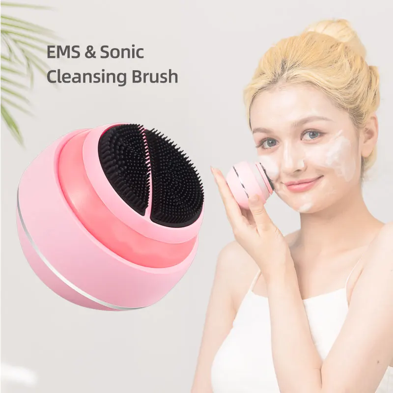 Custom Logo Deep Clean Women Silicone High Frequency EMS Sonic Vibration Led Light Therapy Facial Cleaning Brush For Skin Care
