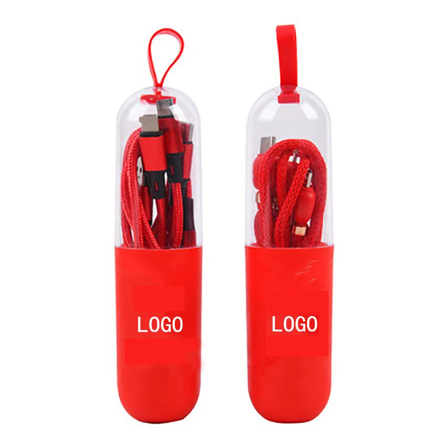 Android Smart Phone Nylon Multi Charger IOS Micro Type C 3 In 1 USB Cable for mobile tablet speaker with plastic Tube package