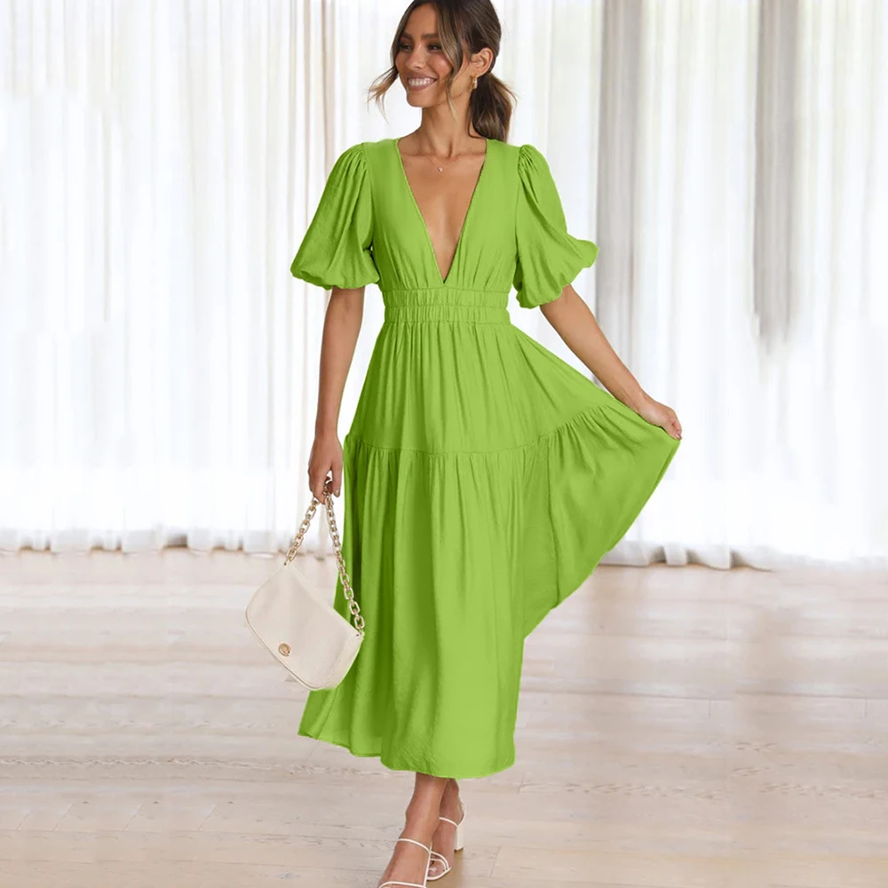 MANYLIYA Leisure fashion trend elegant summer style slimming V-neck waist cinching midi solid color long dress