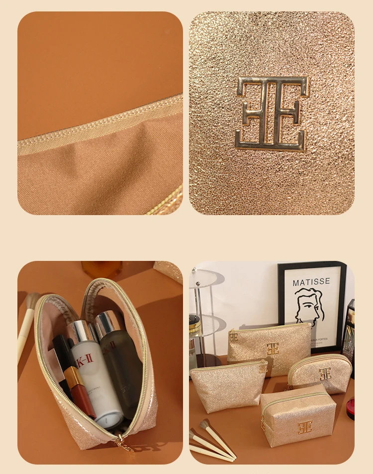Personalized Logo Gold Shiny Vegan Leather Cosmetic Bag Portable Travel Makeup Zipper Pouch Designer  Makeup Brush Bag for Women