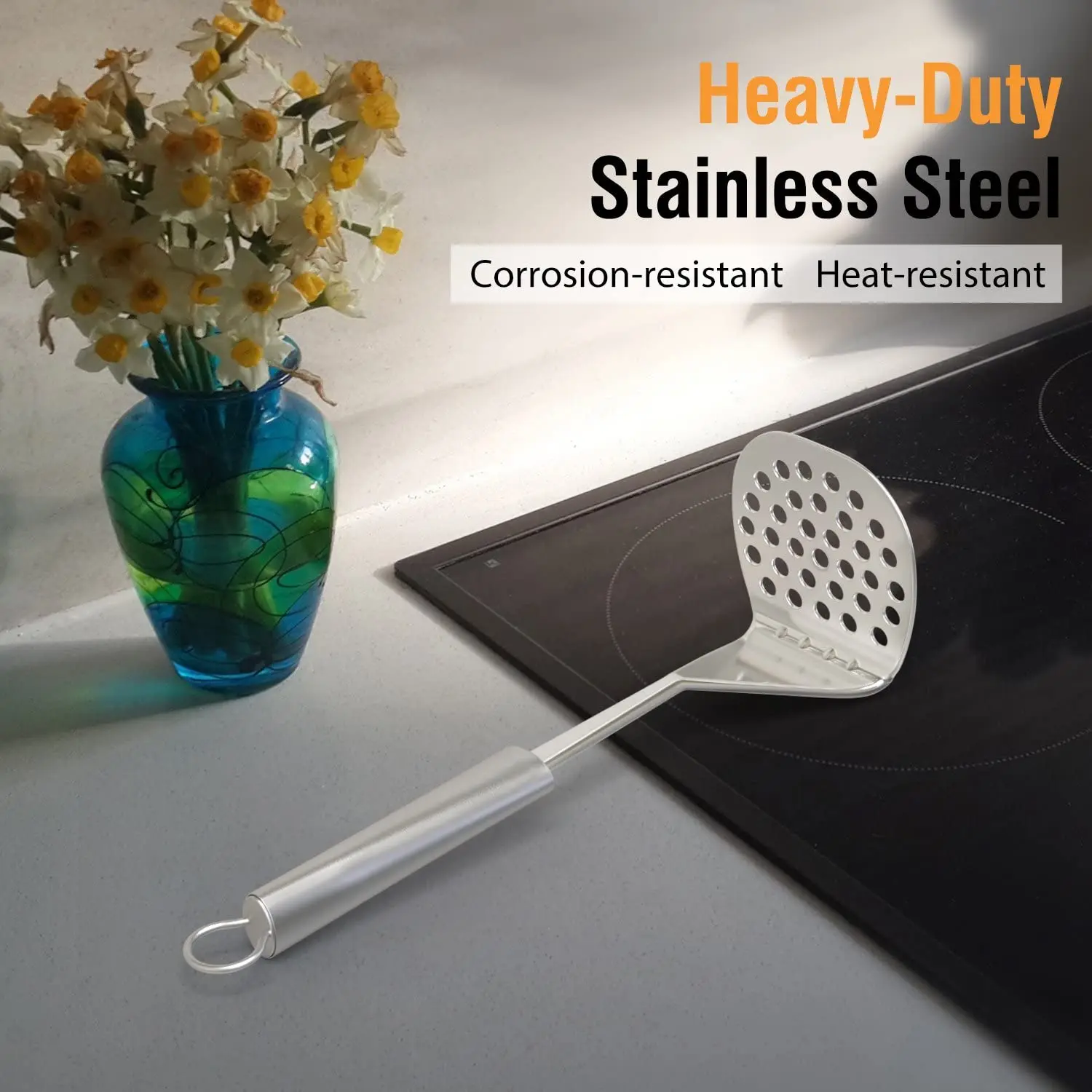 Stainless Steel Potato Masher with Fine-grid Mashing Plate and Stainless steel handle potato masher ricer