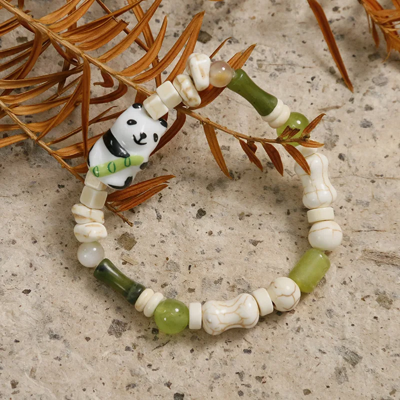 Chinese style Cute  Ceramic Panda Natural Turquoise Beaded Bracelet Fashion Jade  Bamboo Beads Bracelet for Men and Women