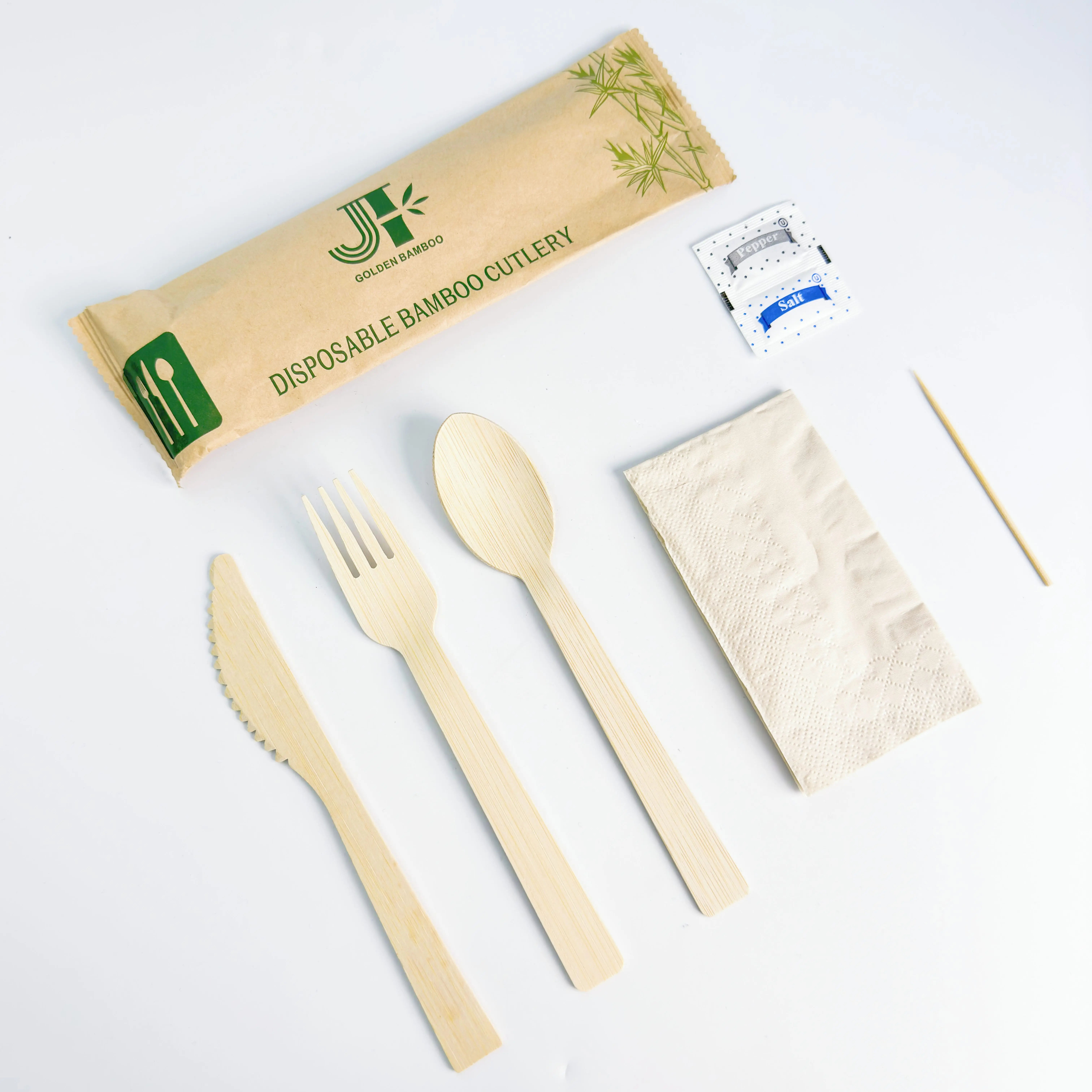 170mm Airline Bamboo Disposable Cutlery Set 6 in 1 Pack  Convenient Disposable Bamboo Cutlery Set For Airlines