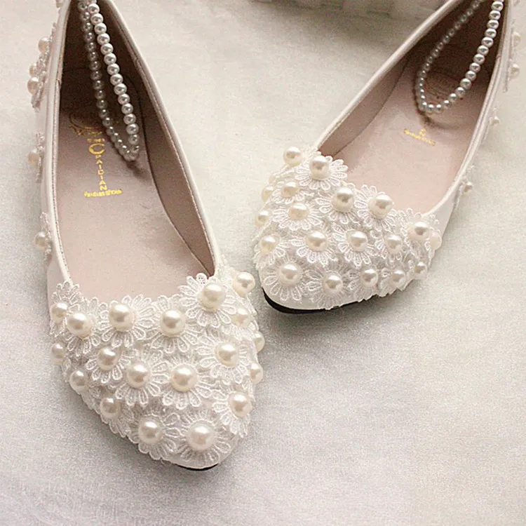 Rhinestone accessories lace flower handmade wedding shoes white bridal wedding dress shoes (1600447504959)