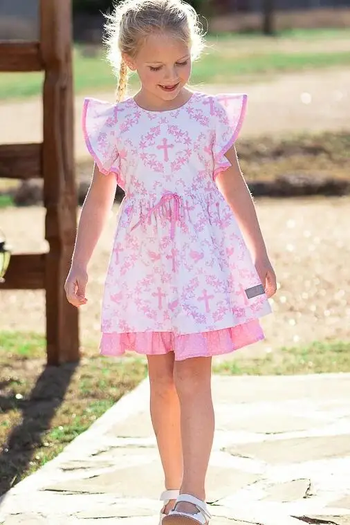 2022 Easter print new girl cute pink baby girl dress small flying sleeves ruffle hem kids dresses for girls