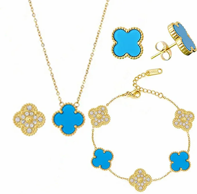 Five flower four leaf clover bracelet earring necklace set titanium steel double-sided bracelet earrings necklace jewelry sets