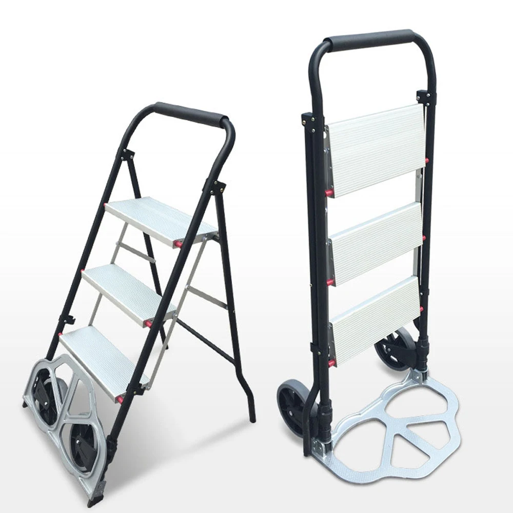2-in-1 Aluminum Folding Portable Cart 3 Step Ladder Hand Truck Stool Ladder 330Lbs Heavy Duty Portable Cart with Two Wheels