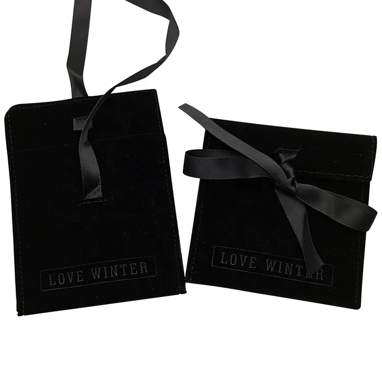 Custom Embossed Logo Small Jewelry Packaging Pouch Black Velvet Bag Suede Jewelry Envelopes Pouch Jewelry Organizer With Bow