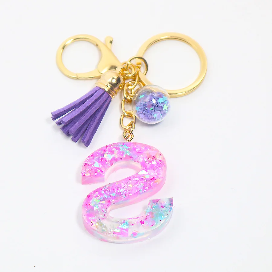 Purple Gradient initial key chain PVC Sequin letter Resin Keychain Acrylic keyring Leather Tassel Custom Crystal Letter Keychain