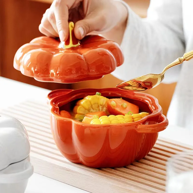 Wholesale custom logo ceramic pot pumpkin shaped terracotta soup bowl with lid and handle
