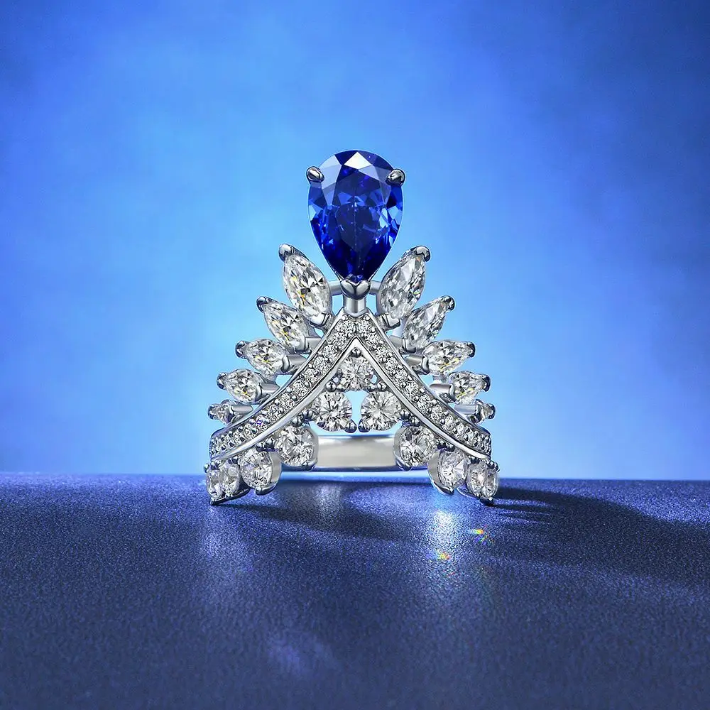 2021 new unique pear-shaped 7*10 feather crown ring high-quality high-carbon diamond sapphire s925 silver women rings
