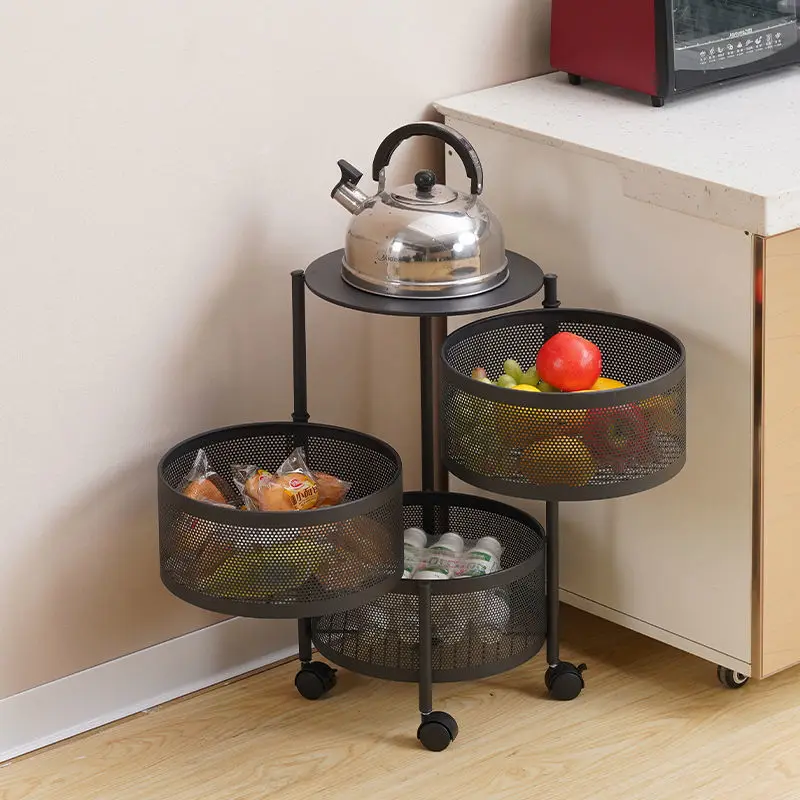 Rotating Kitchen Shelf For Fruit Vegetable Floor 4-layer Household Storage Rack Black Square Fruit Trolley