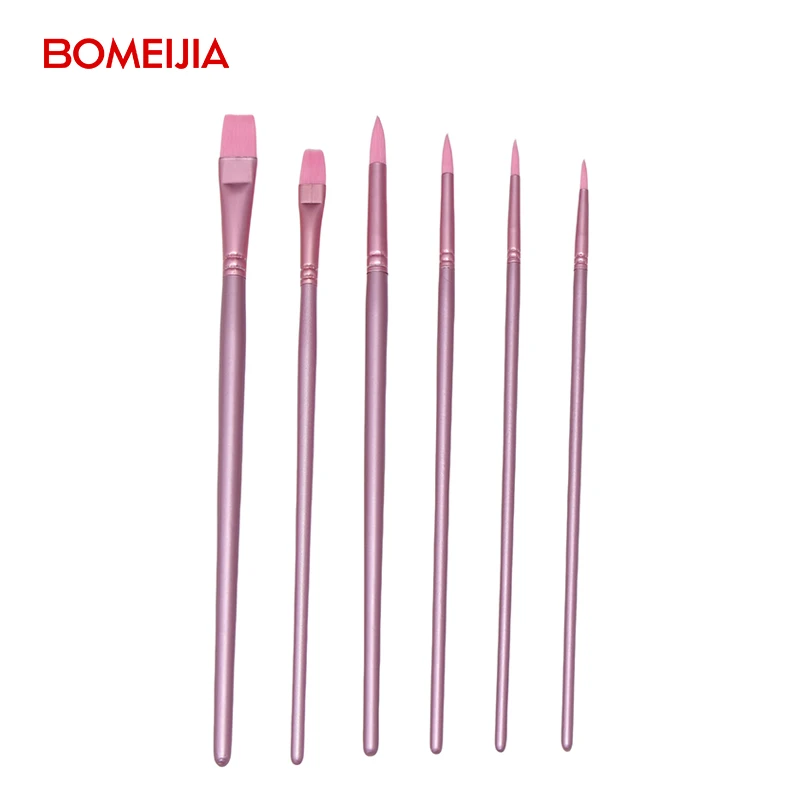BOMEIJIA 6pcs Wooden Handle Watercolor Paint Brush Art Supplier Pink Synthetic Hair Artist Painting Brush Oil Painting Brushes