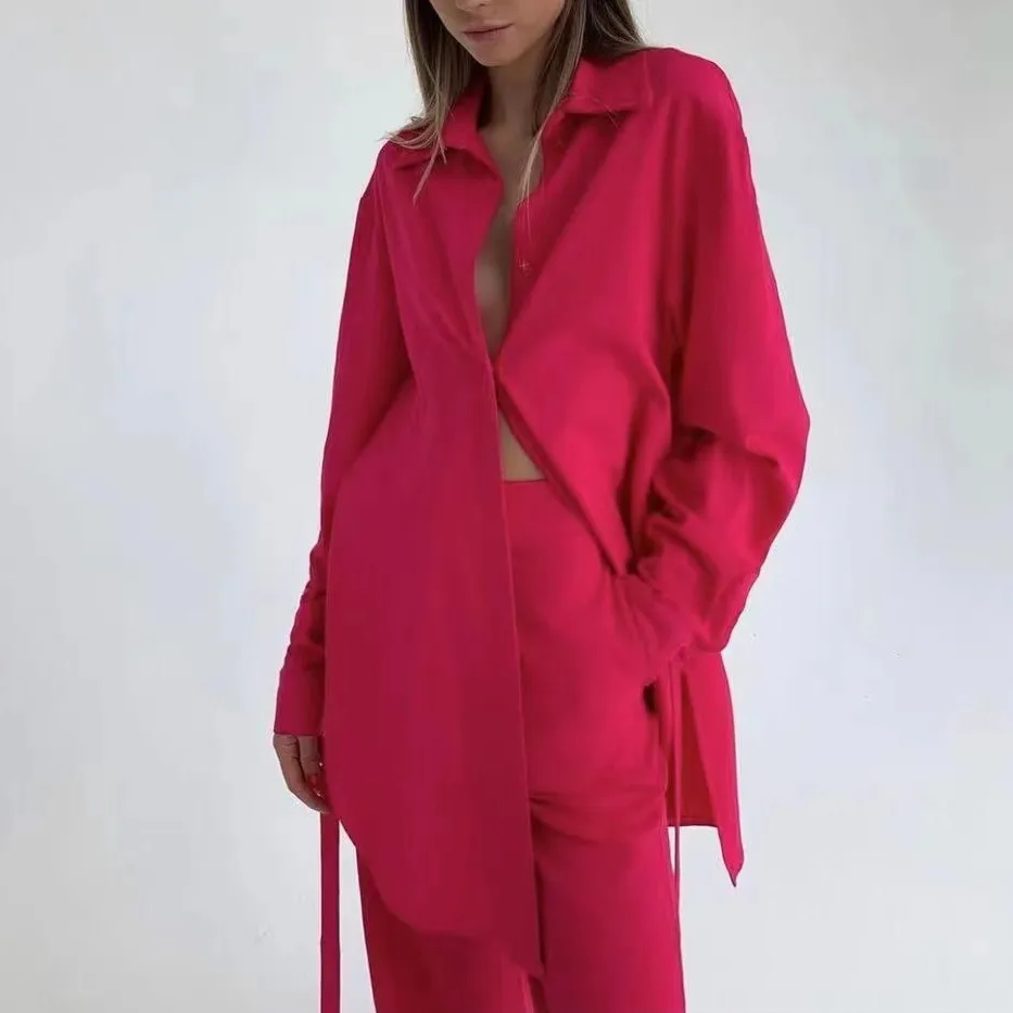 Summer Autumn Trending Fashion Clothes Woman Casual Neon Turn Down Collar Shirt Two Piece Sets