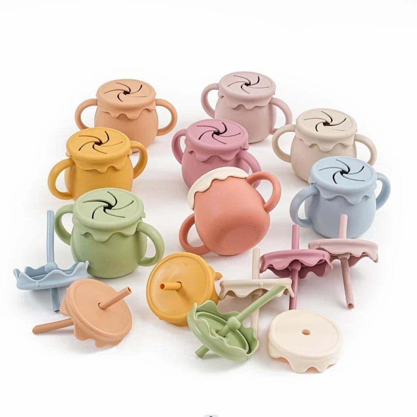 Hot Selling Non-toxic Baby Study drinking Silicone Cup Two Lid Honey Pot Leak proof Silicone Training Snack Multifunctional Cup