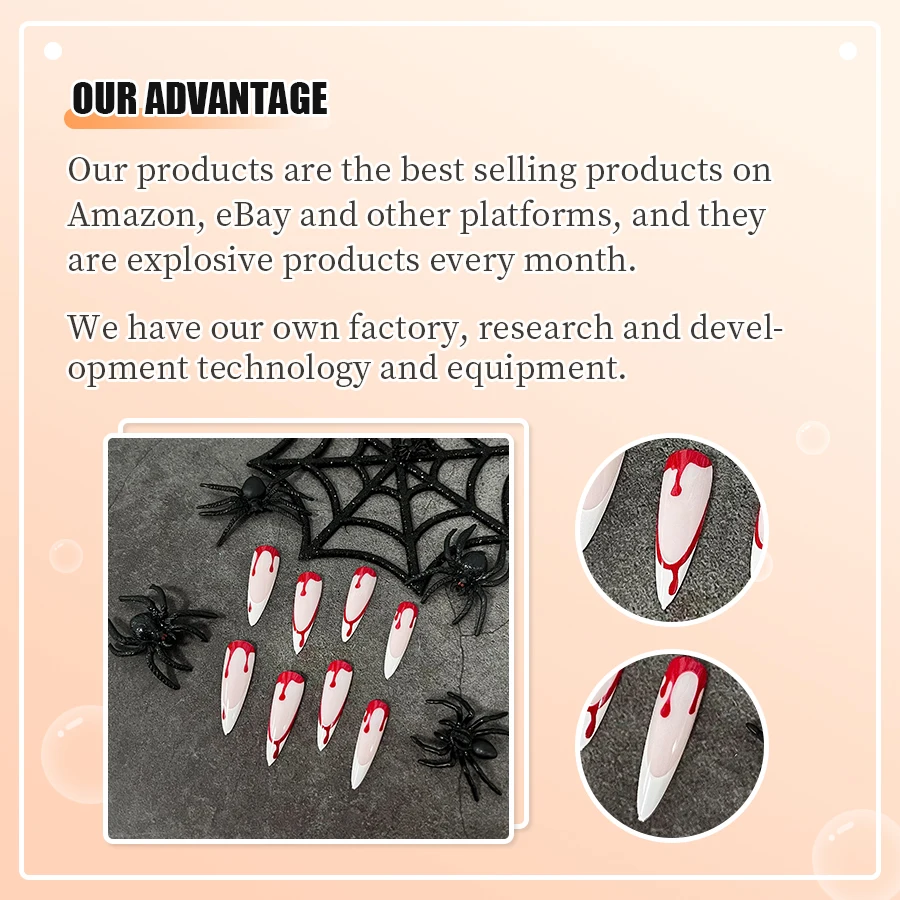 Wonderful design salon quality red printed long stiletto Halloween false nails full cover nails art handmade nails