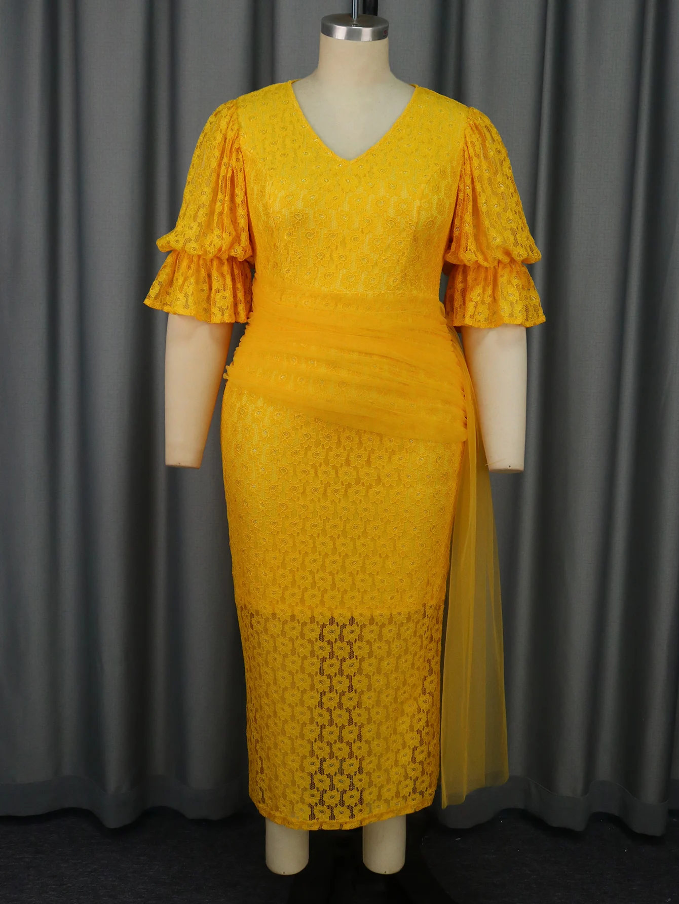 Bell Sleeve Mesh Belt Stretchable Lace Long Yellow Formal Evening Dress