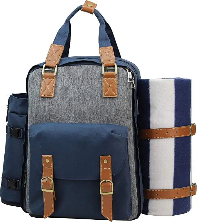 Picnic Backpack Basket Wine Cooler Stylish All-in-One Portable Picnic bag for 4 with Complete Tableware Set, Waterproof Fleece