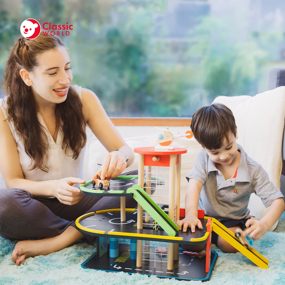 Hot Sale Educational Pretend Play Modern Parking Garage Toys Wooden Cars for Children Kids