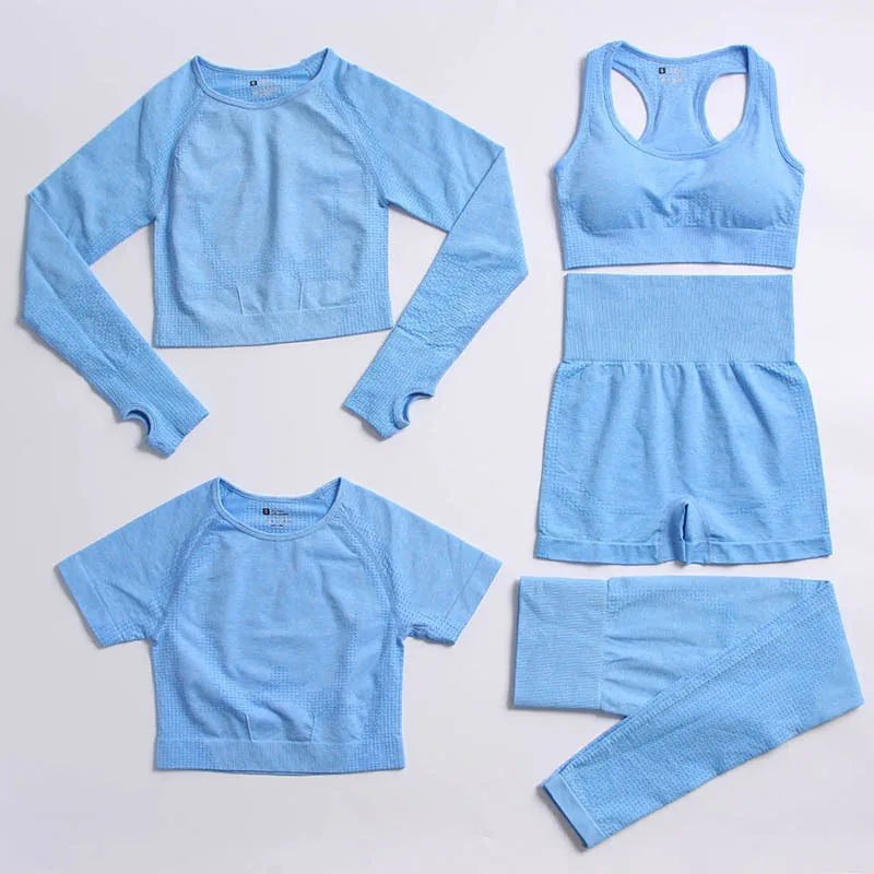 wholesale 1/2/3/5pcs breathable yoga set fitness workout leggings long sleeves tracksuit womens gym fitness sets