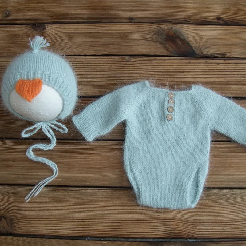 Knit Mohair Bunny Bonnet And Romper Set Newborn Baby Clothes Outfit Crochet Pants Overalls Full Sets Jumpsuits Photography Props