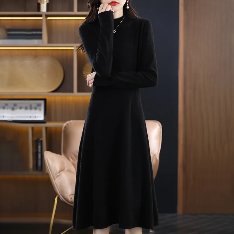 2024 Spring new arrival fashion lady middle high neck long sleeve slim fit high waist loose hip women sweater dress