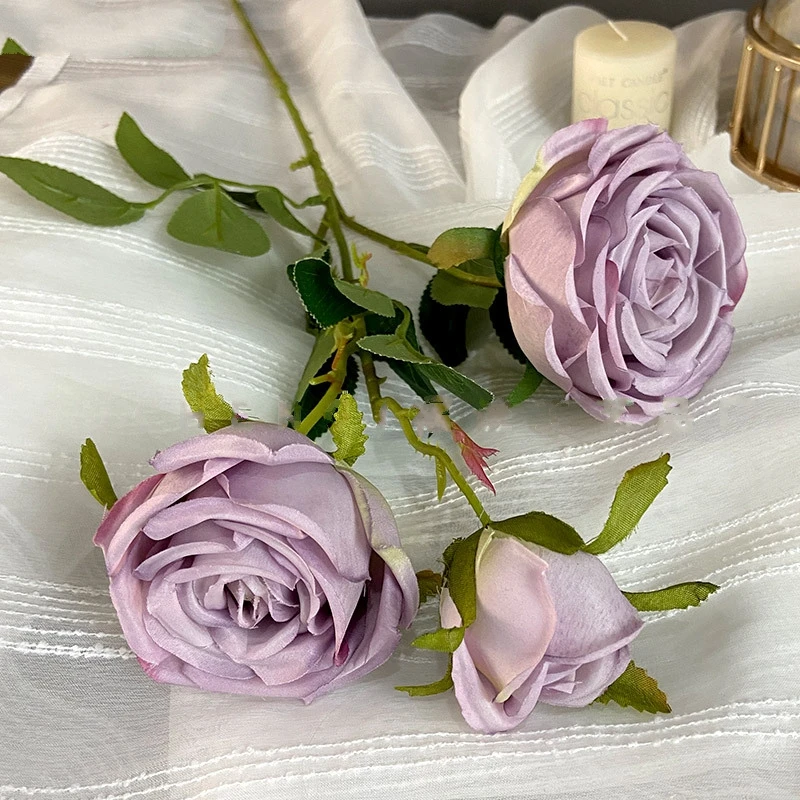 Multiple Colors Silk 3 Heads Rose Artificial Flowers Rose For Wedding Decoration