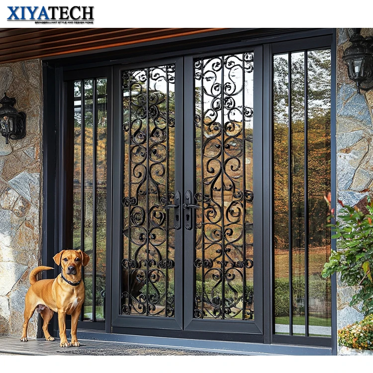 XIYATECH Good Quality European Luxury House Designs Door Main Security Front Entrance Thin Profile Wrought Iron French Door