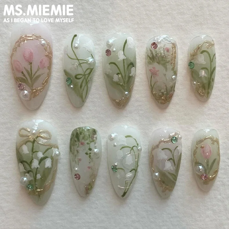 Ms.Miemie 24-Piece High Quality French Nail Patch Detachable 3D Orchid Fairy Wearing Diamond Wholesale Coffin Sweet Fake Nail