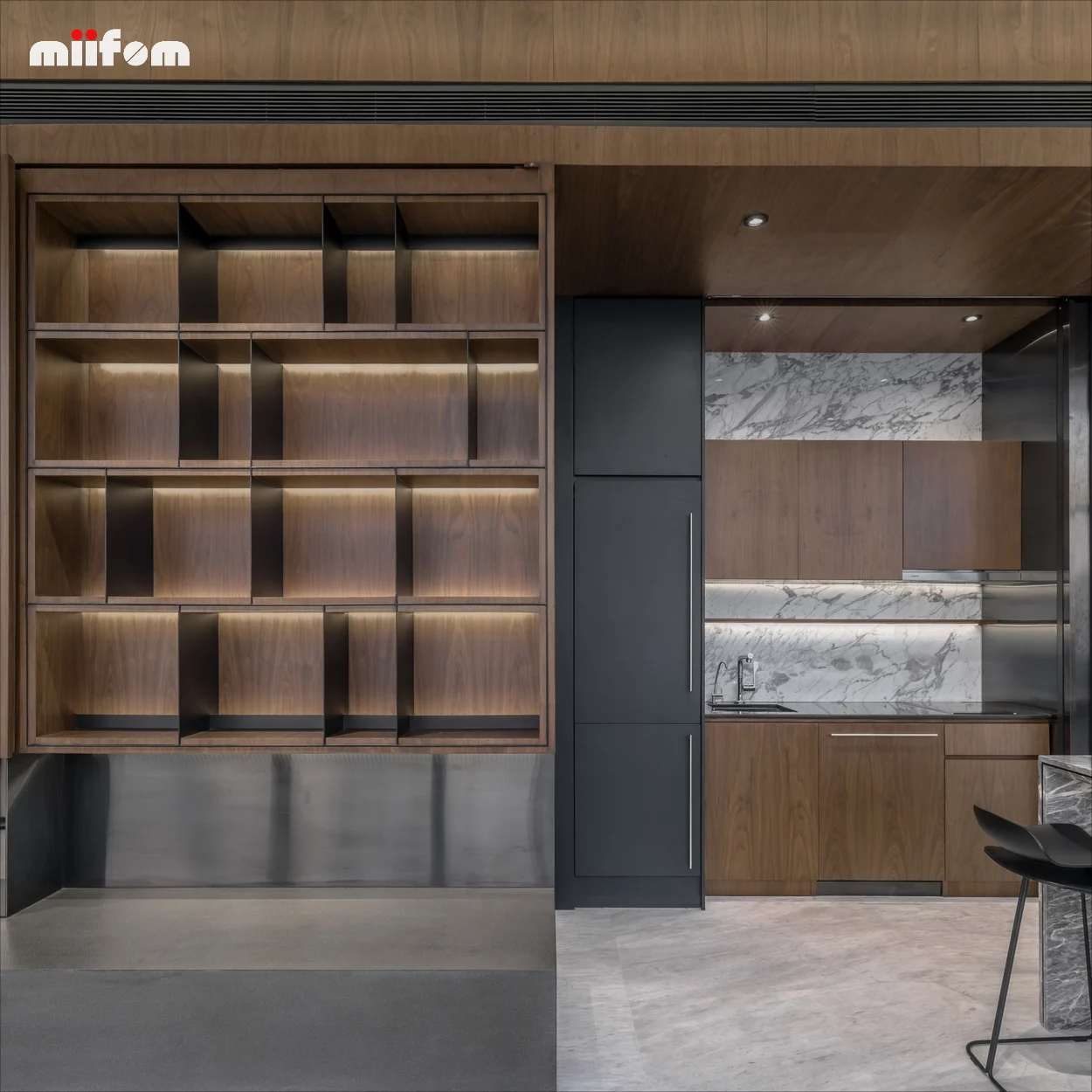 Walnut Wooden And Dark Grey Open Modern Multifunctional Sliding Door Kitchen Cabinets